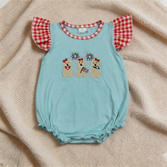 SR4051 RTS NO MOQ （In stock）Flutter sleeves flag dog embroidery girls 4th of july romper