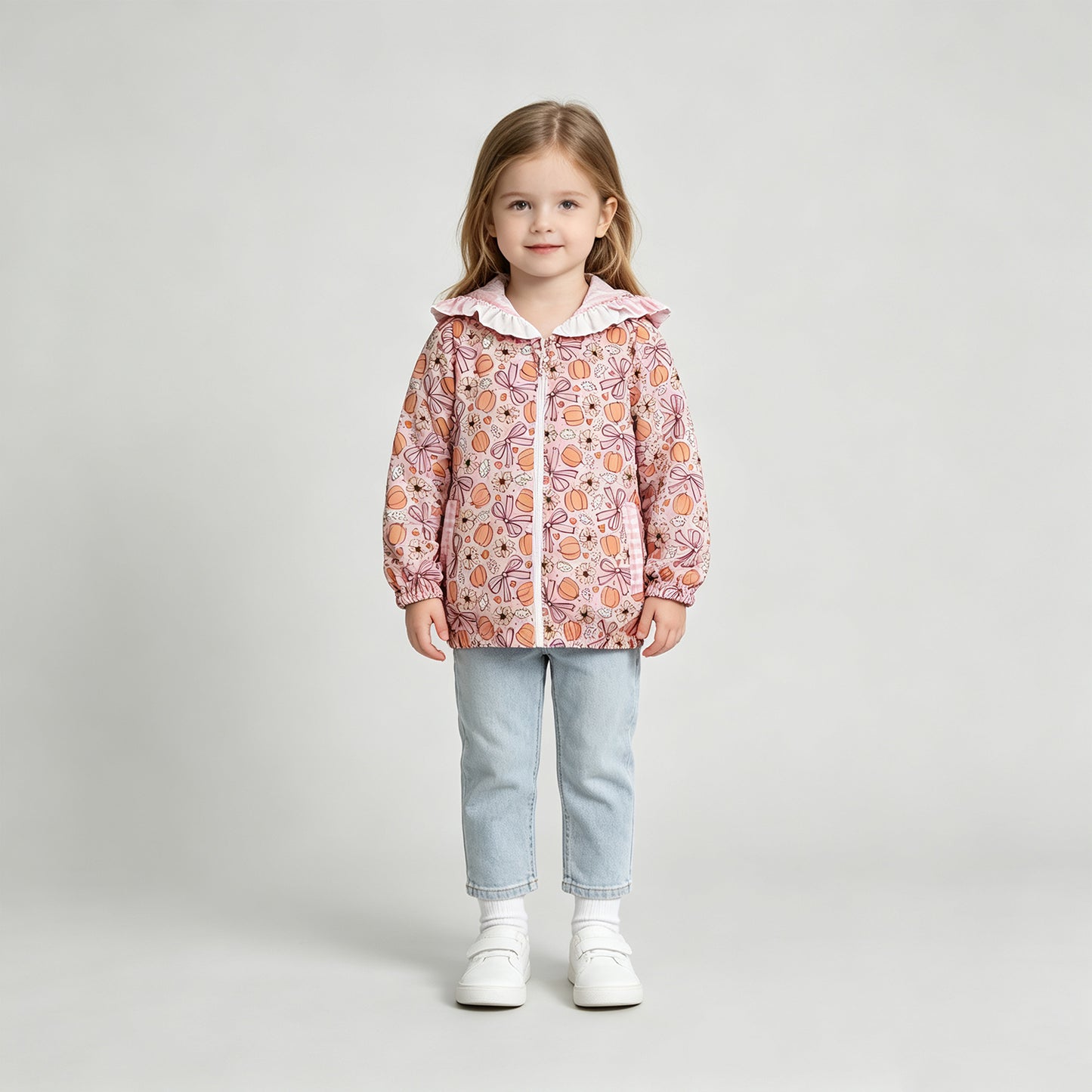 GT1661 RTS NO MOQ （In stock）Floral pumpkin bow ruffle girls fall hooded jacket