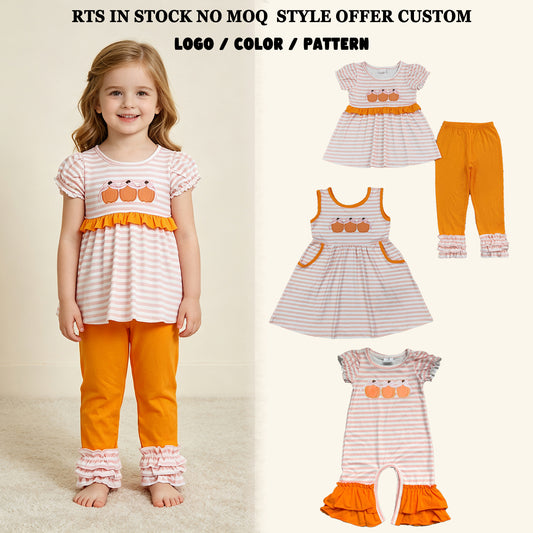 Sibling RTS NO MOQ Sibling Embroidery Bow Pumpkins Baby Girls Stripe Tunic Ruffle Pant Fall Clothes Sets Dress And Romper
