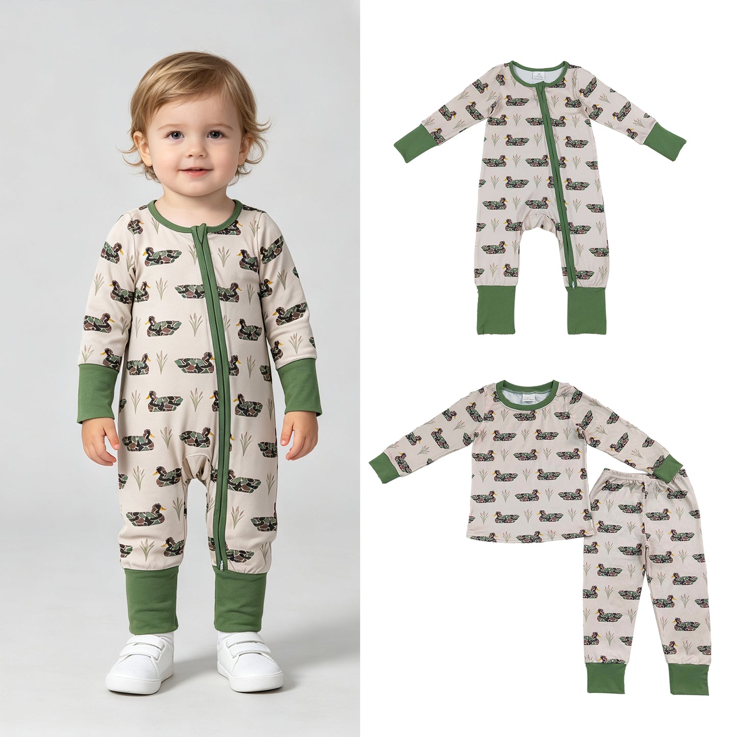 RTS NO MOQ Sibling milk silk Baby Boys Camo Duck Plaid Print Long Sleeve Top Pant  Pajama Set Rompers