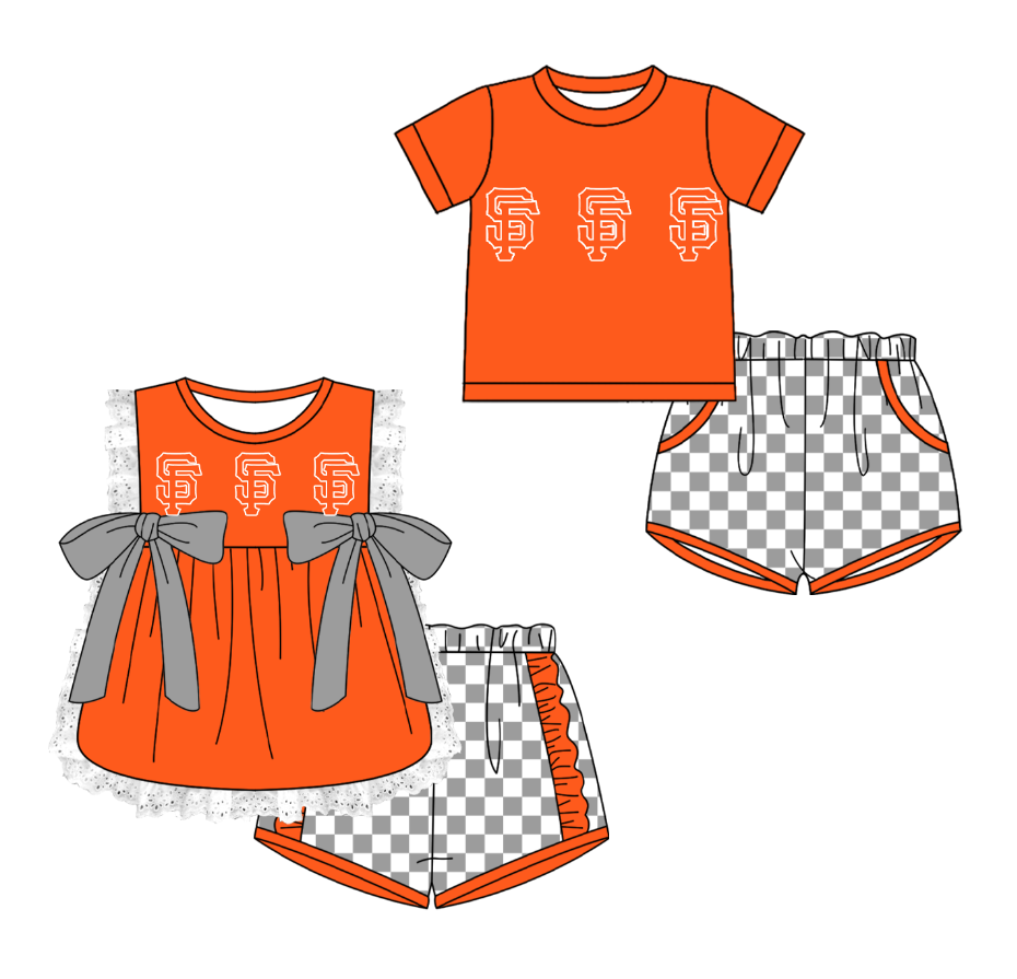 CUSTOM MOQ 5 Cute Comfortable Clothing For Kids Sibling Boys Baby Girls Summer Orange Top Checked Shorts Team Clothes Sets