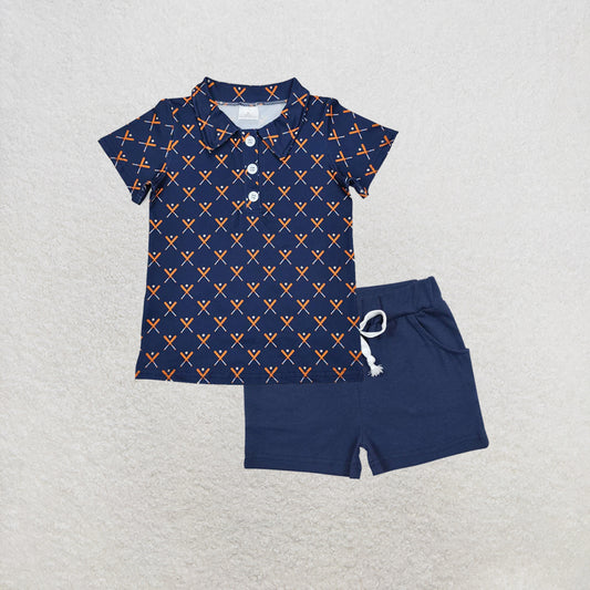 5.15 RTS NO MOQ （In stock）BT1120+SS0136 Blue short sleeves baseball kids boys polo shirt outfits