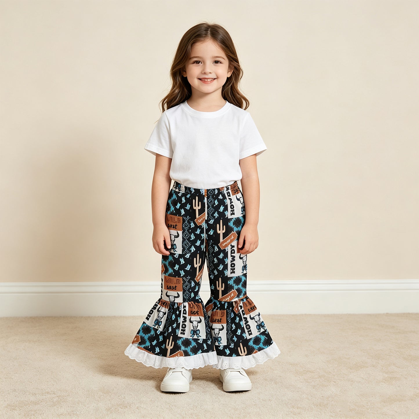 RTS NO MOQ （In stock）milk silk P0781 Baby Girls Blue Aztec Bow Bull Skull Plaid Bell Bottom Casual Pants