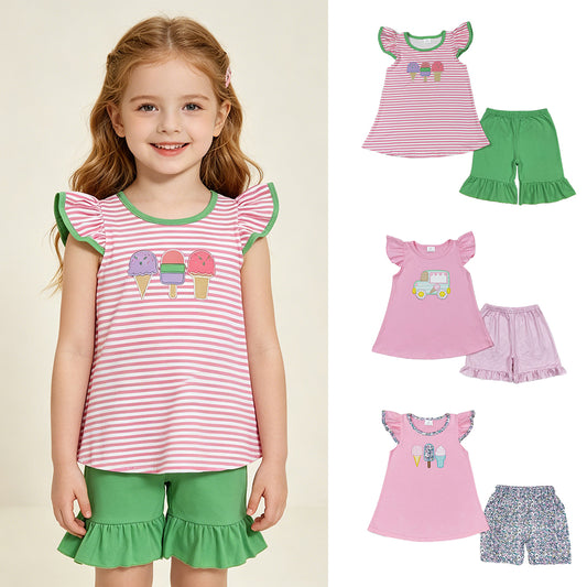 RTS NO MOQ （In stock ）Pink ice cream top ruffle shorts girls summer clothes