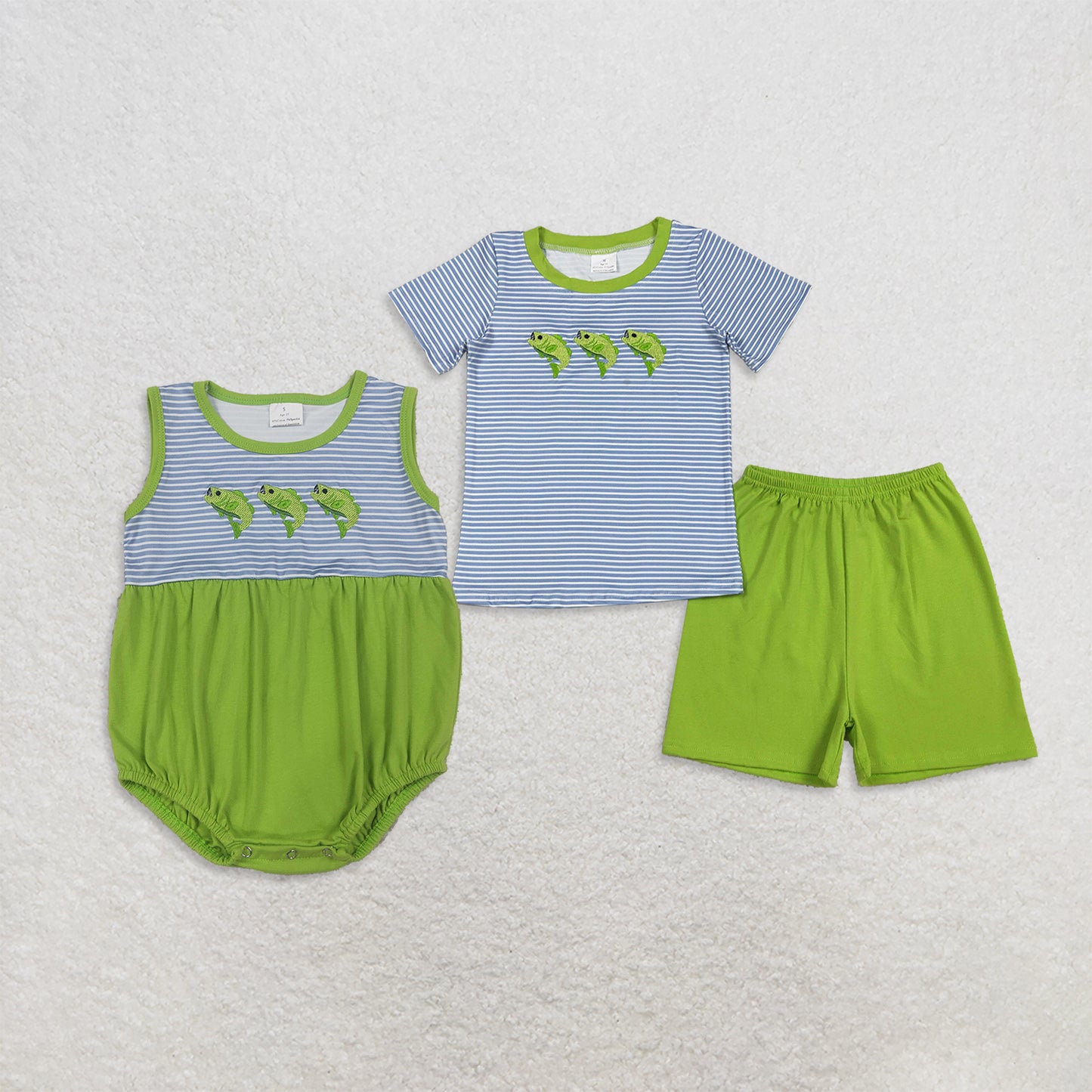 RTS NO MOQ Sibling Embroidery Fishes Baby Boys Short Sleeve Stripe Top Short Hunting Clothes Sets and romper