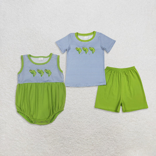 RTS NO MOQ Sibling Embroidery Fishes Baby Boys Short Sleeve Stripe Top Short Hunting Clothes Sets and romper