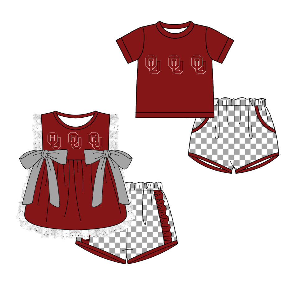 CUSTOM MOQ 5 Cute Comfortable Clothing For Kids Sibling Boys Baby Girls Summer Red Bow Top Gray Checked Shorts Team Clothes Sets