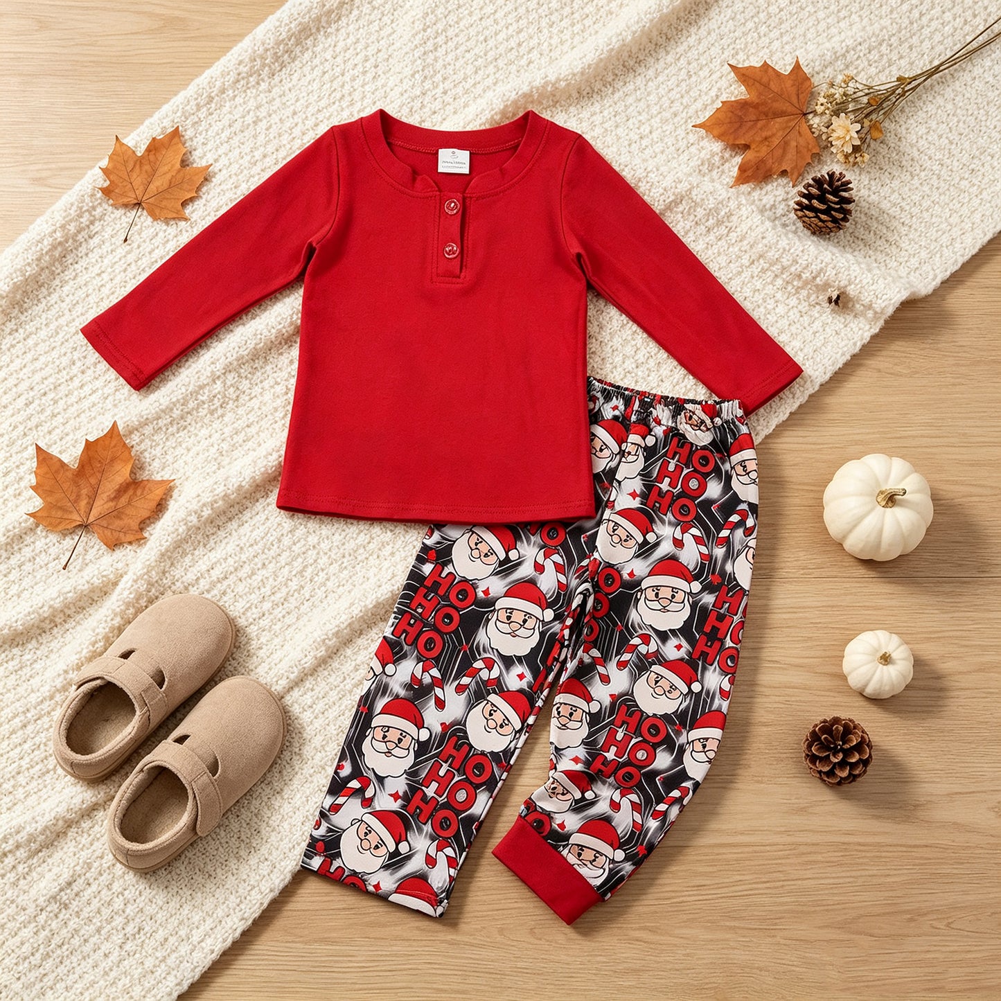 RTS NO MOQ milk silk BLP1513 Baby Boys Solid Red Long Sleeve Top Santa Pants Winter Christmas Daily Clothes Set