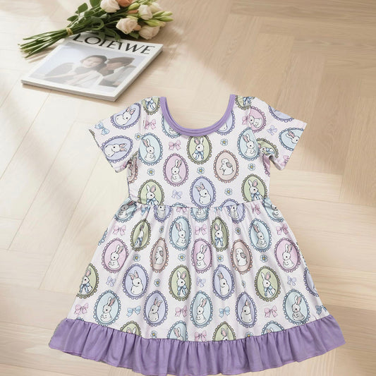 2.3 RTS NO MOQ （In stock）GSD2863 Baby Girls Bows Rabbits Easter Ruffle Knee Length Dresses