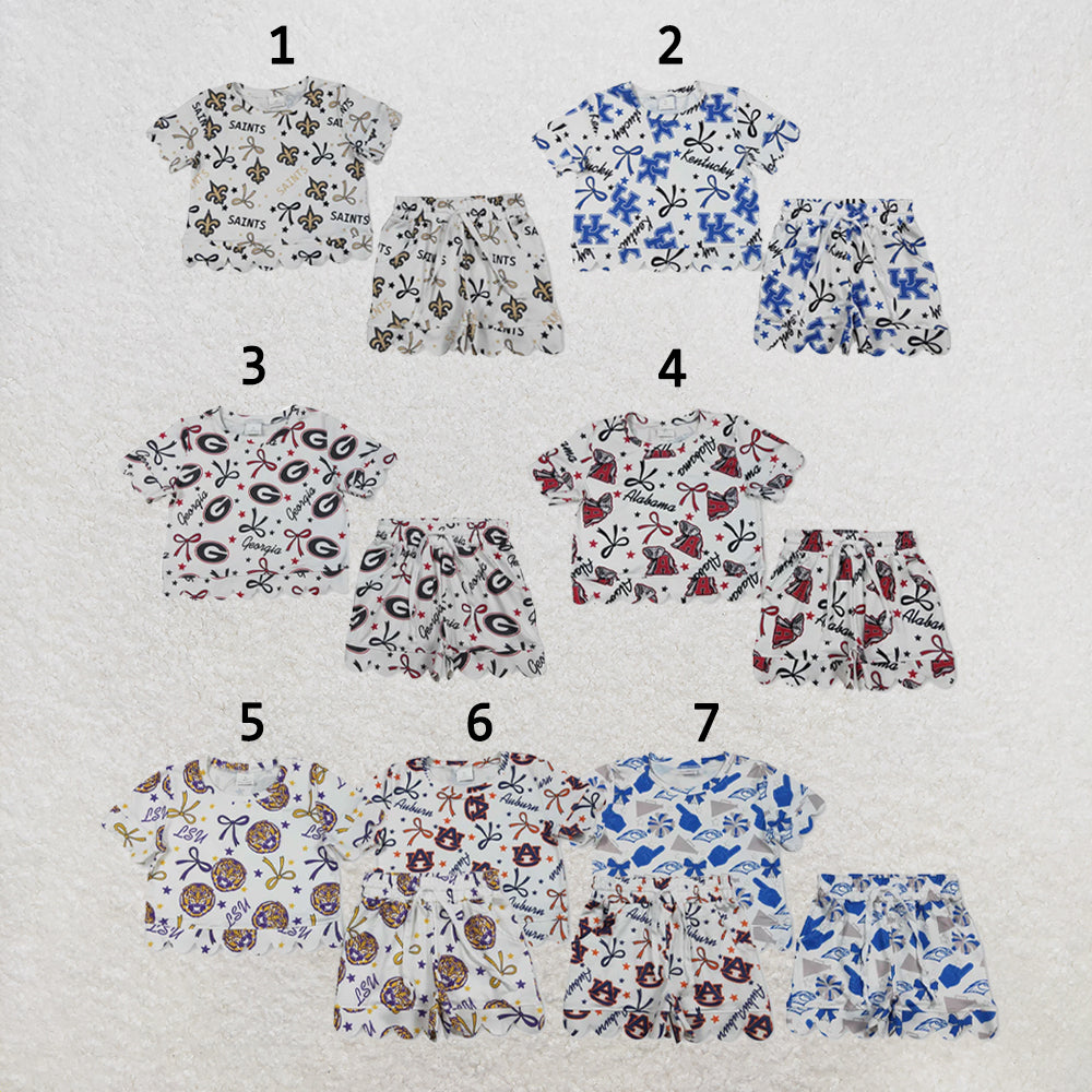 RTS Sibling Baby Girls Bows Team Top Pockets Short Scallop Clothes Sets