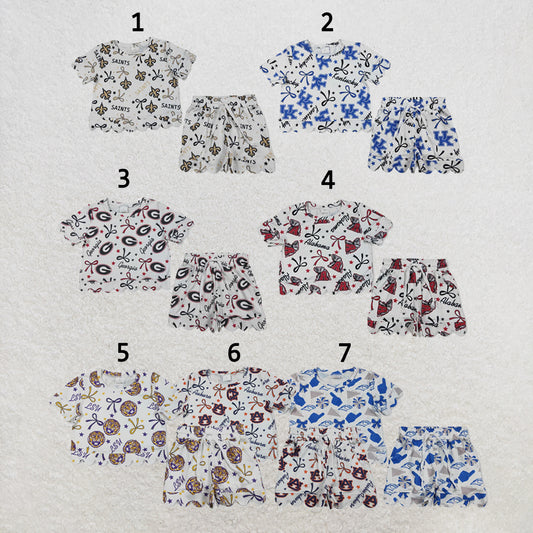 RTS Sibling Baby Girls Bows Team Top Pockets Short Scallop Clothes Sets