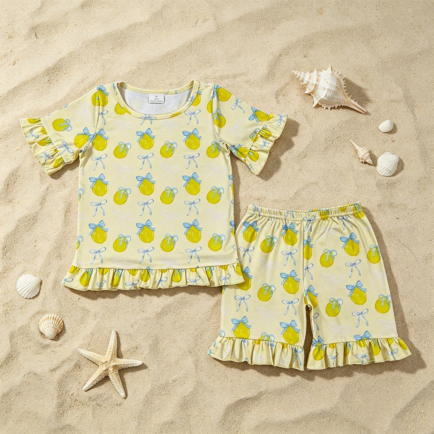 GSSO3326 RTS NO MOQ （In stock ）Short sleeves lemon bow ruffle top shorts girls outfits