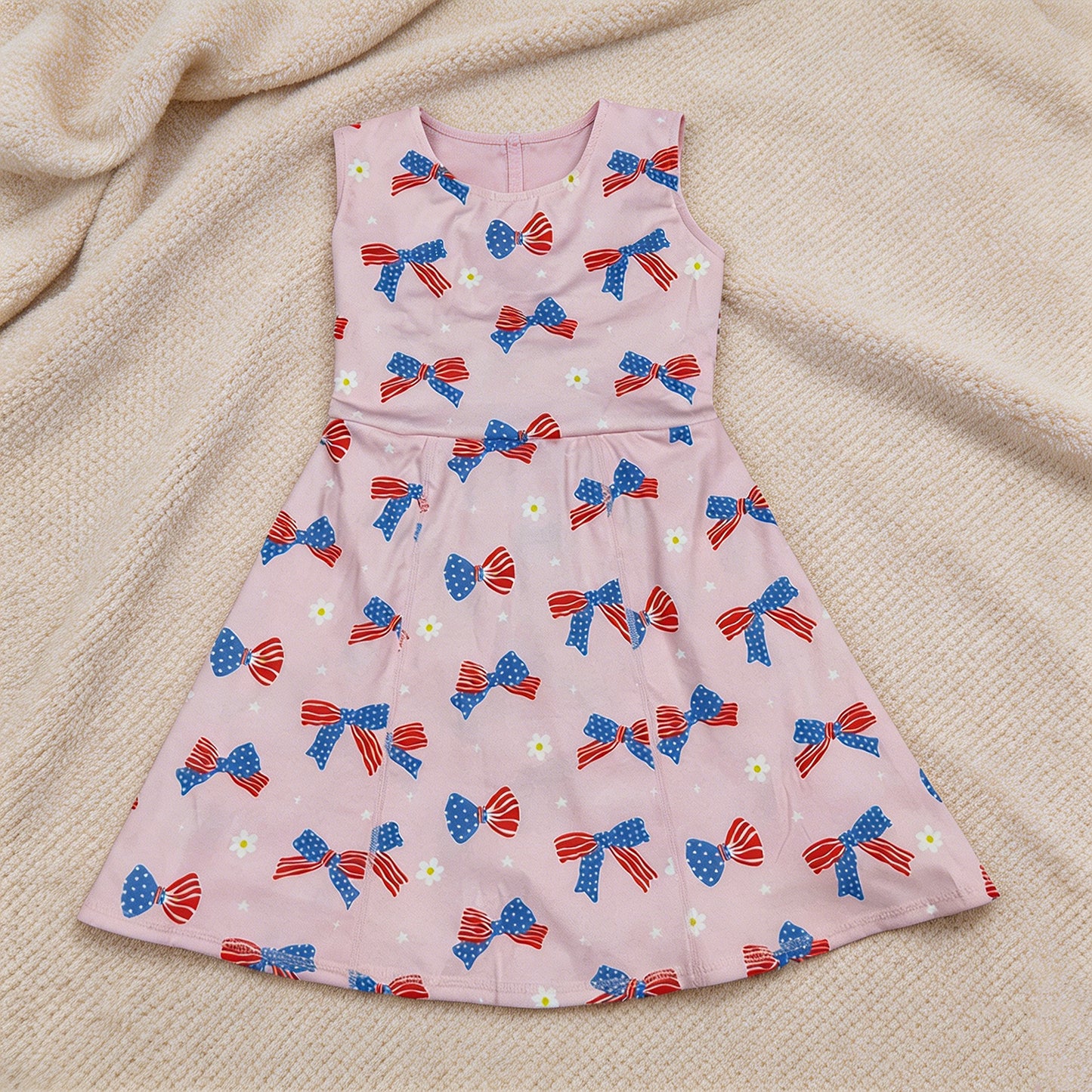 GSD3748 RTS NO MOQ （In stock）Stars stripe bows kids girls 4th of july athletic dresses