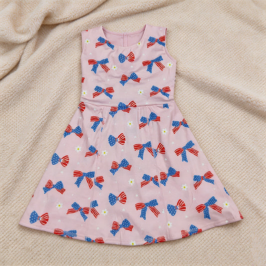 GSD3748 RTS NO MOQ （In stock）Stars stripe bows kids girls 4th of july athletic dresses