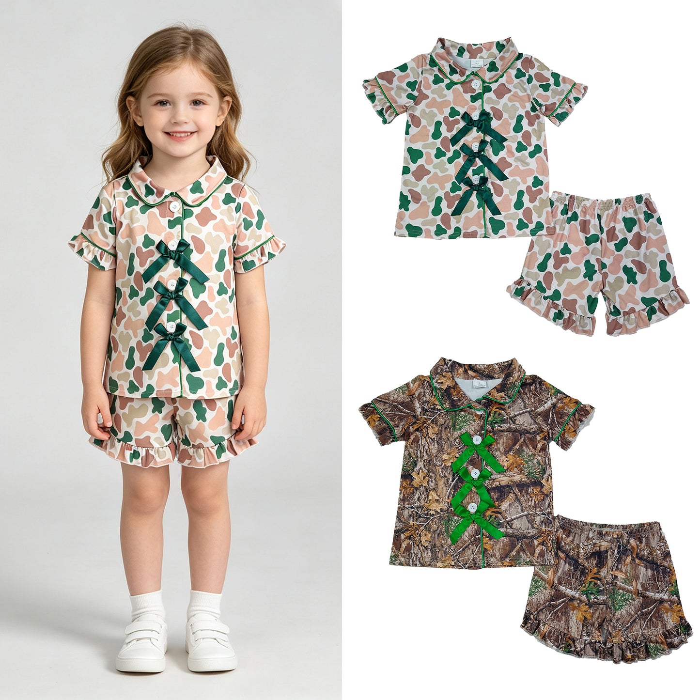 RTS Sibling Short sleeves bow camo girls button down pajamas set