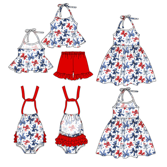 Stars stripe bow halter top shorts girls 4th of july outfits