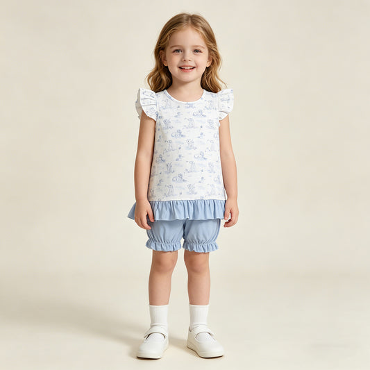GSSO3061 RTS NO MOQ （In stock ）Flutter sleeves light blue dog ruffle bow top shorts girls outfits