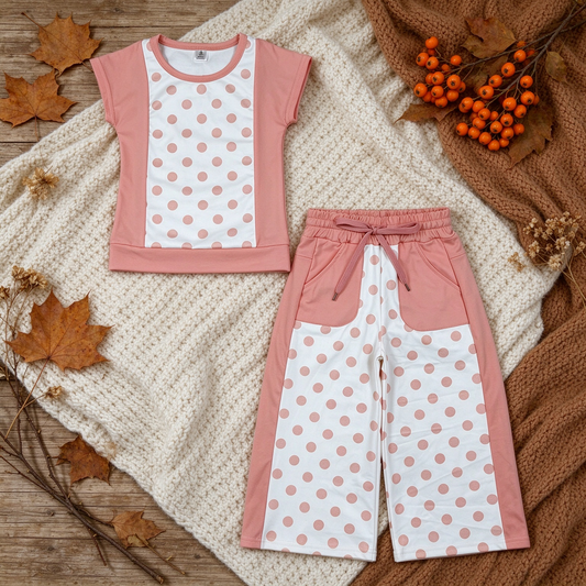 RTS NO MOQ （In stock）yoga fabric cotton GSPO2333 Baby Girls Peach Polka Dots Top Pockets Flare Pant Clothes Sets