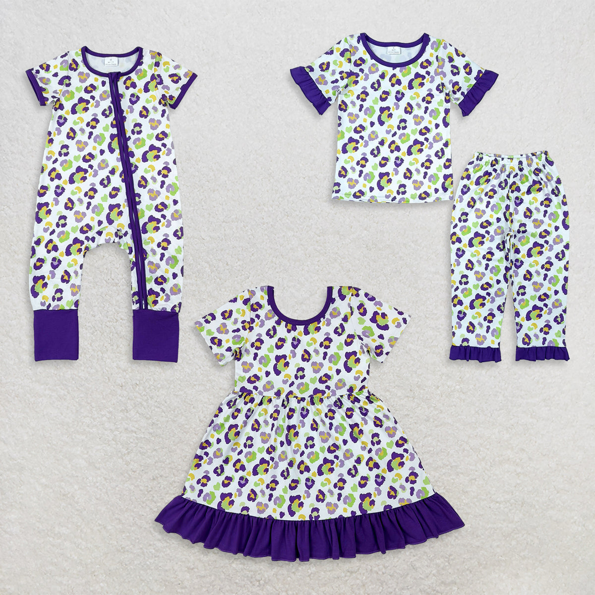 RTS NO MOQ Sibling milk silk Baby Girls Leopard Print Baby Zipper Romper Girls Ruffle Top Pant Set And Twirl Dress