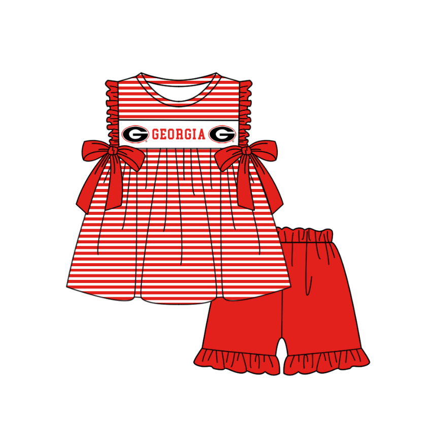 CUSTOM MOQ 5 Sibling Baby Kids Bright Red Stripe Top Ruffles Shorts Clothes Set Knee Length Dress Rompers