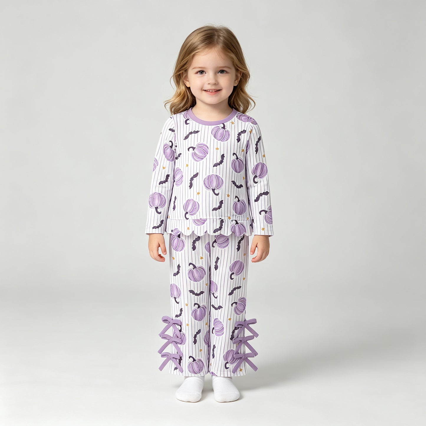 GLP3438 RTS NO MOQ （In stock）Pumpkin bat stripe top pants girls Halloween outfits
