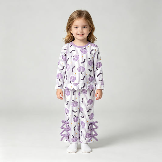 GLP3438 RTS NO MOQ （In stock）Pumpkin bat stripe top pants girls Halloween outfits