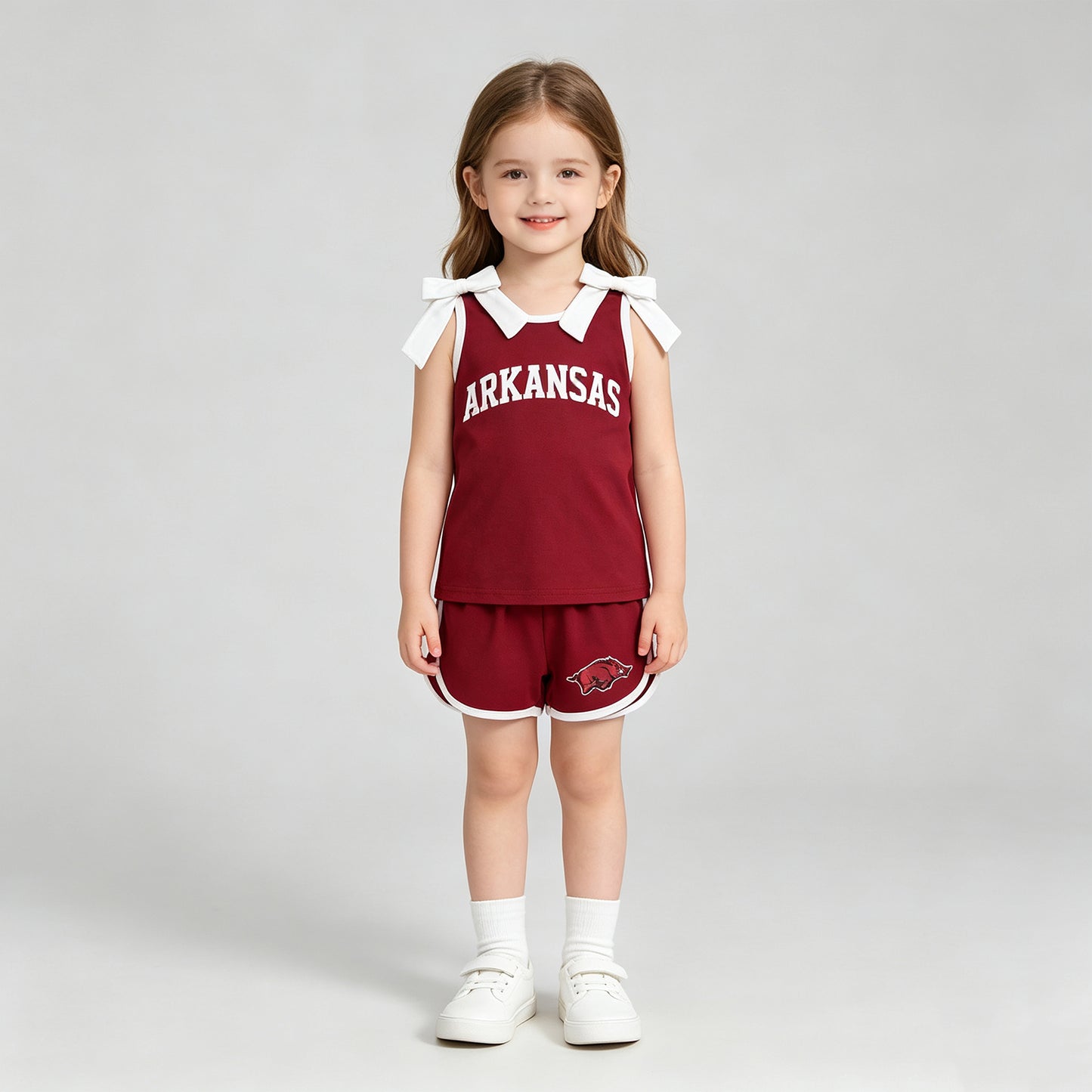 GSSO3833 RTS NO MOQ （In stock）Sleeveless white bow top hog shorts team girls outfits