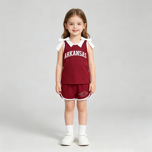 GSSO3833 RTS NO MOQ （In stock）Sleeveless white bow top hog shorts team girls outfits