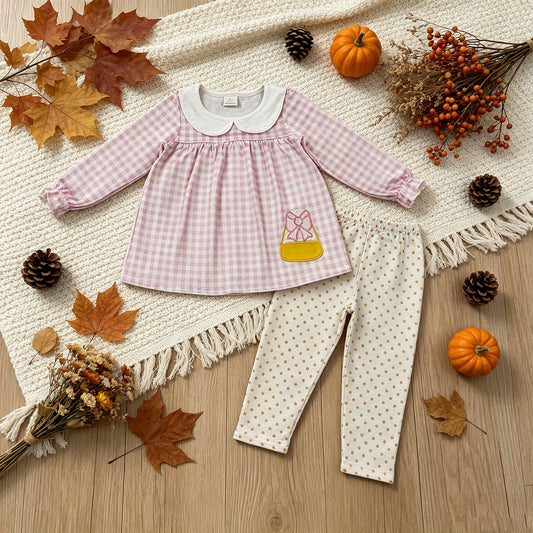 RTS NO MOQ （In stock）milk silk GLP3320 Embroidery Bow Candy Baby Girls Pink Checked Tunic Leggings Halloween Clothes Sets