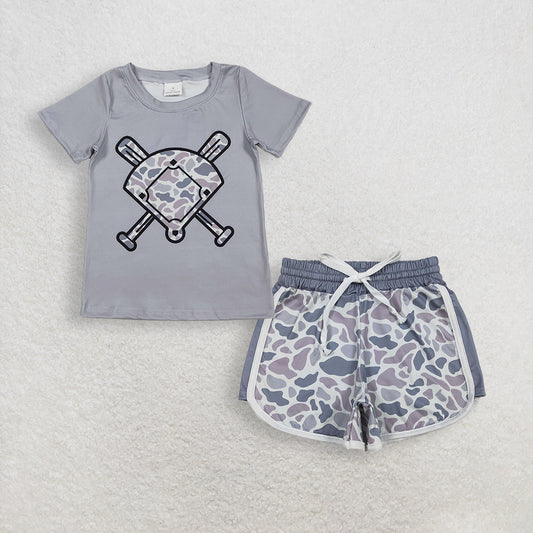 3.14 RTS NO MOQ （In stock）BT1421 + SS0740 Fashion Clothing For Baby Boys Light Grey Camo Baseballs Short Sleeve Team T-shirts Top Shorts Bottom
