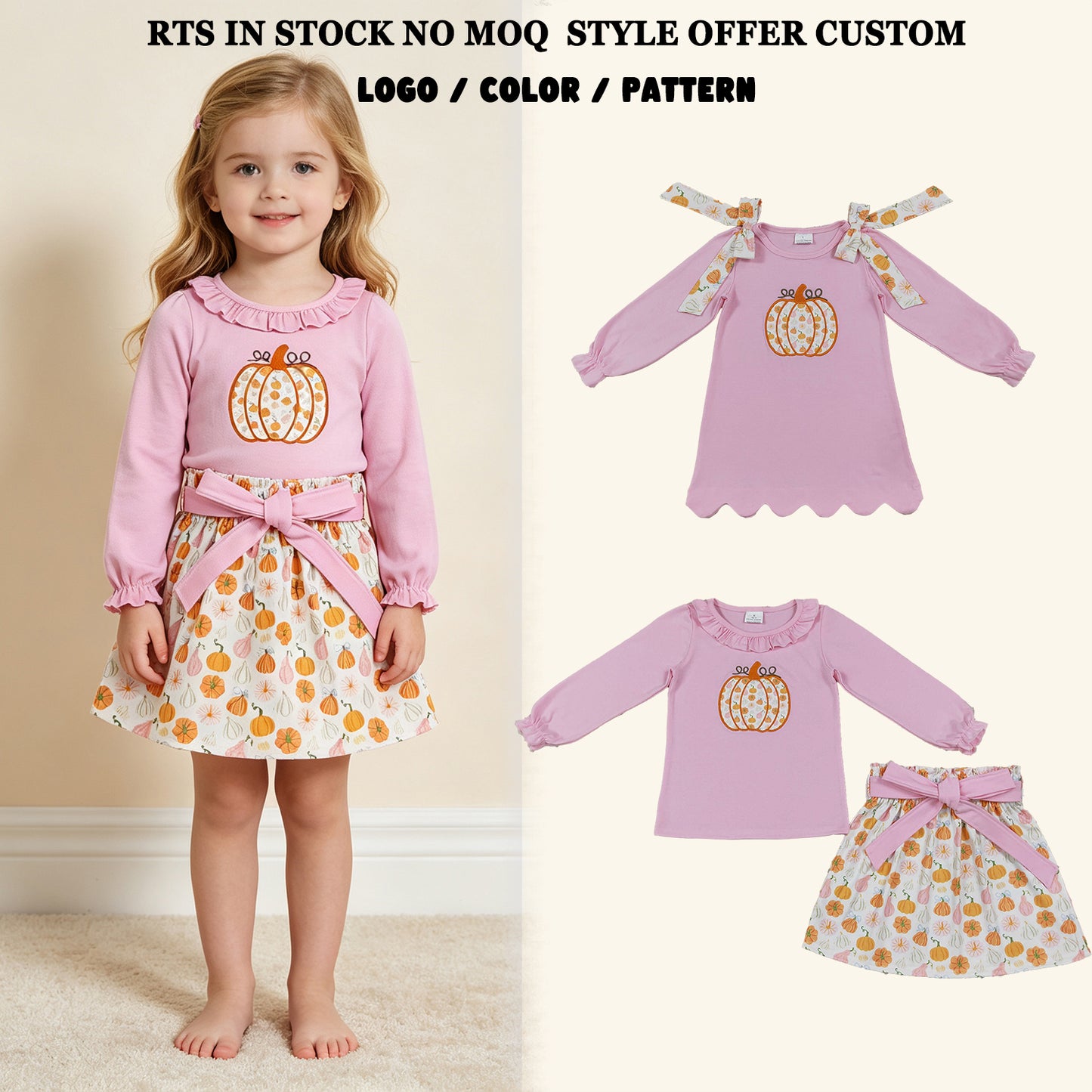 RTS NO MOQ Sibling milk silk Embroidery Pumpkins Baby Girls Collar Tunic Bows Skirt Fall Clothes Sets Dresses