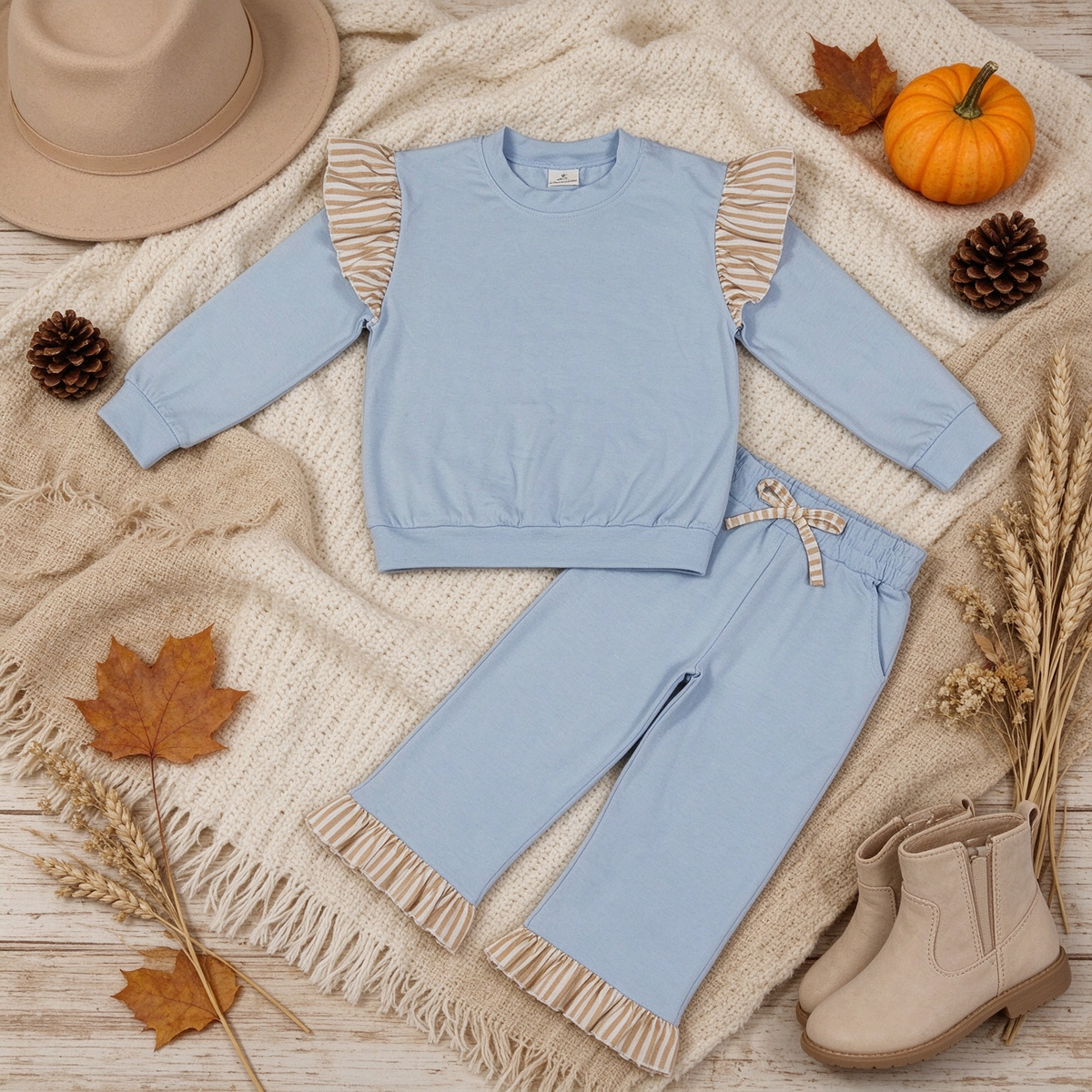 RTS NO MOQ （In stock）cotton GLP3696（GT1843+P1152）Baby Girls Light Blue Stripe Flutter Sleeve Top Pockets Ruffle Pant Clothes Set Cute Casual Outfit
