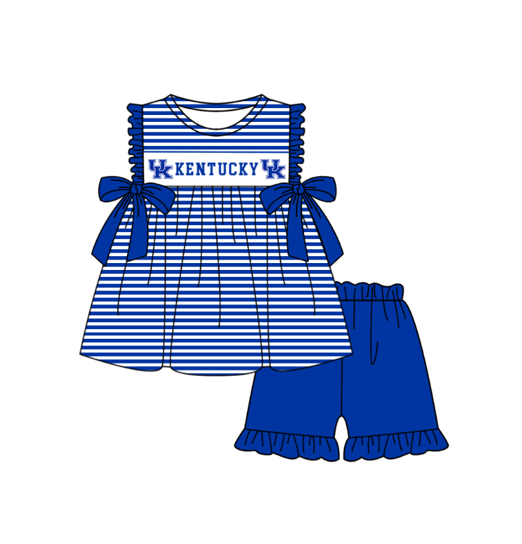 CUSTOM MOQ 5 Sibling Baby Kids Blue Stripe Top Ruffles Shorts Clothes Set Knee Length Dress Rompers