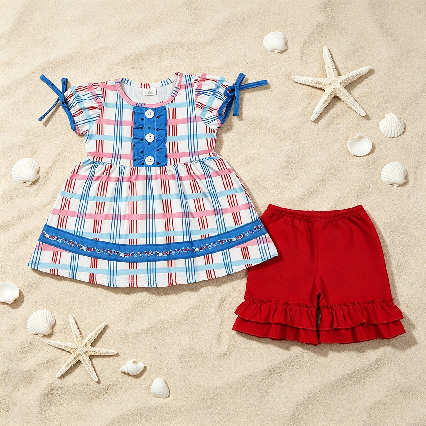 GSSO2815 RTS NO MOQ （In stock ）Plaid ruffle tunic red shorts girls 4th of july outfits