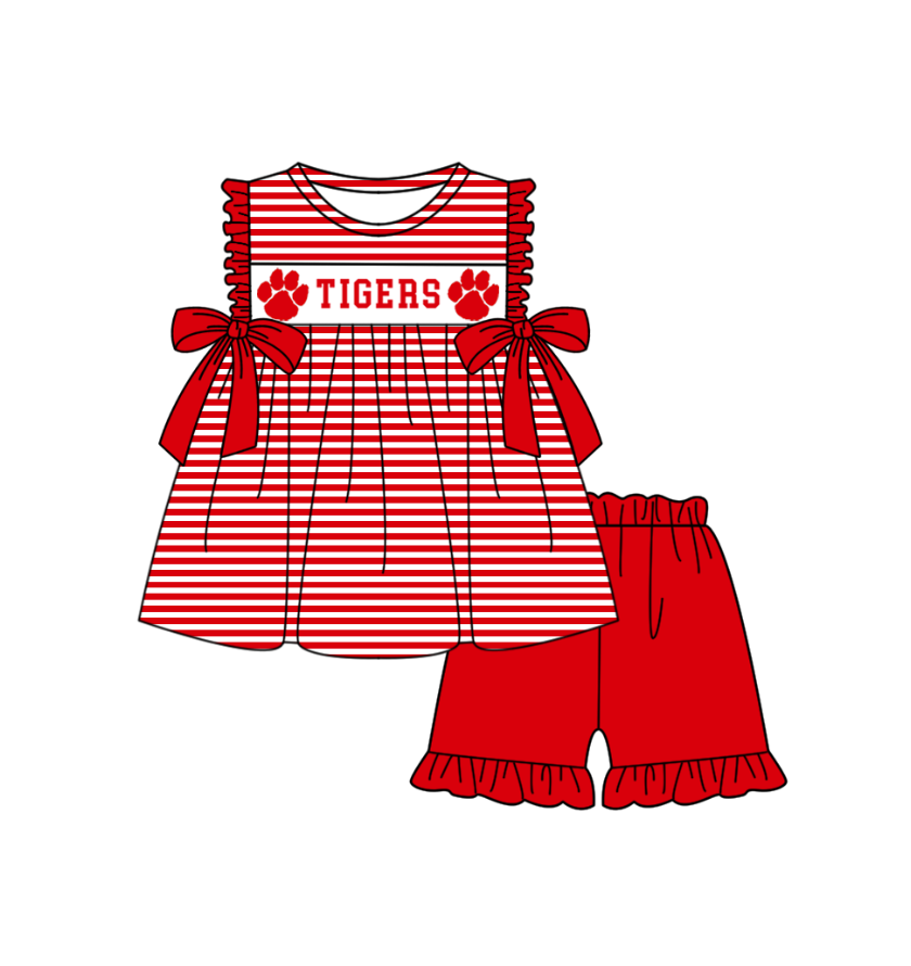 CUSTOM MOQ 5 Sibling Boys Baby Girls Red Stripe Top Ruffles Shorts Clothes Set Knee Length Dress Rompers