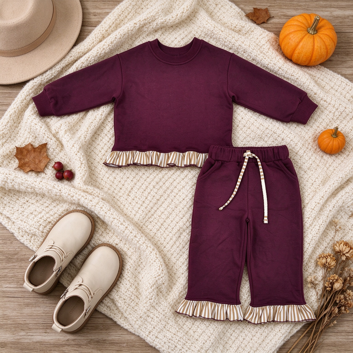 RTS NO MOQ （In stock）cotton GLP3647 Sweatshirt Material Kids Girls Maroon Long Sleeve Top Pockets Pants Sweatshirt Set