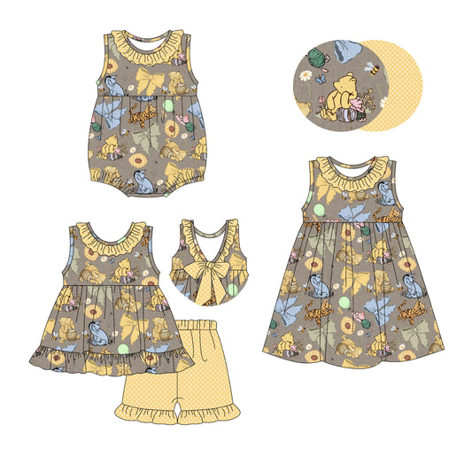 pre order Yellow ruffle bow bear tunic shorts girls clothing set