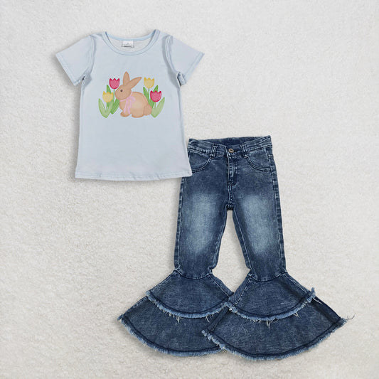 3.6 RTS NO MOQ （In stock）GT1398 + C5-15 Baby Girls Blue Short Sleeve Flowers Rabbits Easter T-shirts Top Denim Pants Jeans Clothes Sets