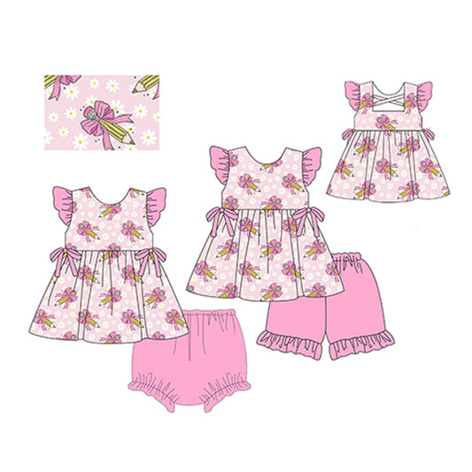 Baby Girls Pink Flowers Back-to-School Pencils Print Top Shorts Outfit Set for Kids
