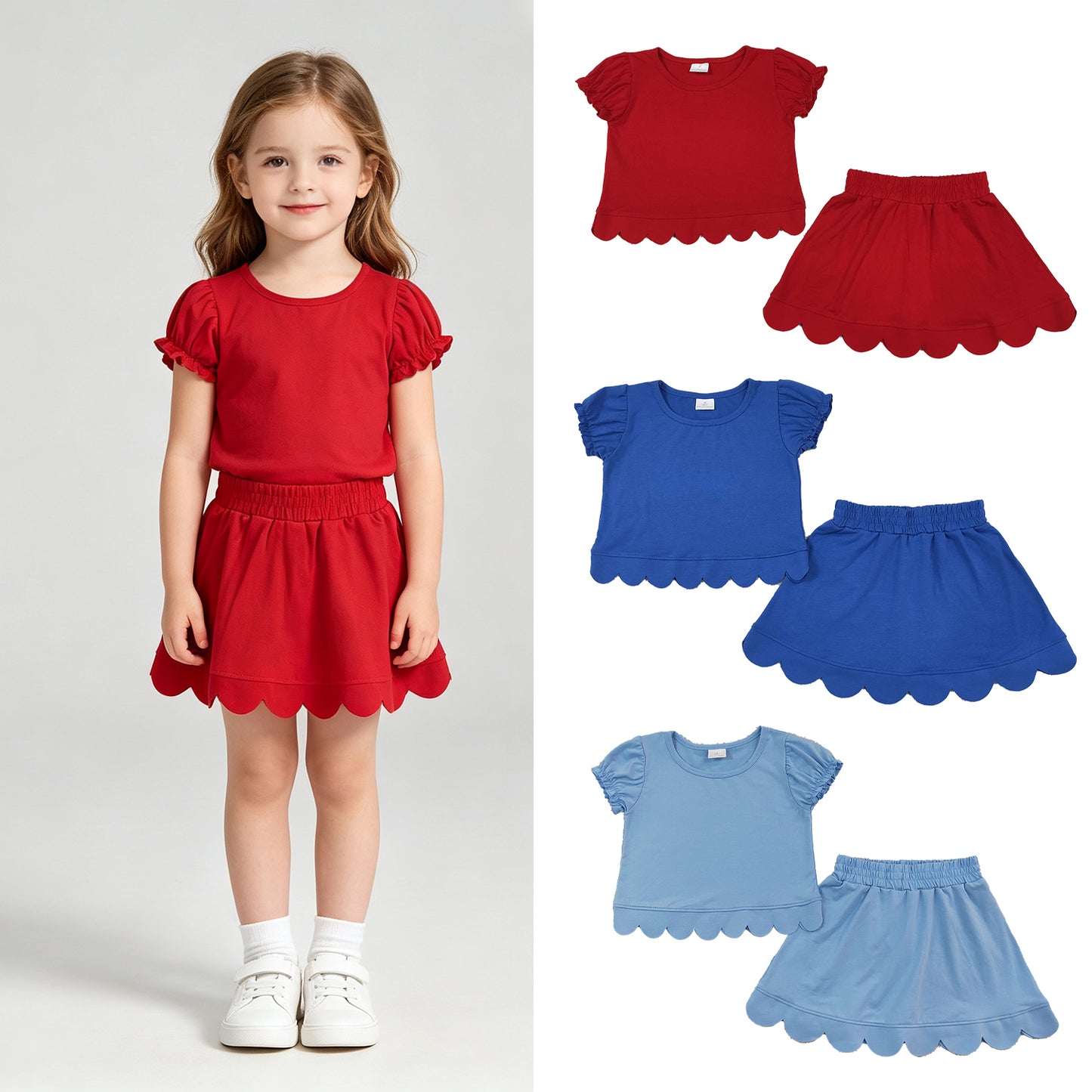 RTS Sibling Baby Girls Short Ruffle Sleeve Top Matching Scallop Skort Two Piece Clothes Set