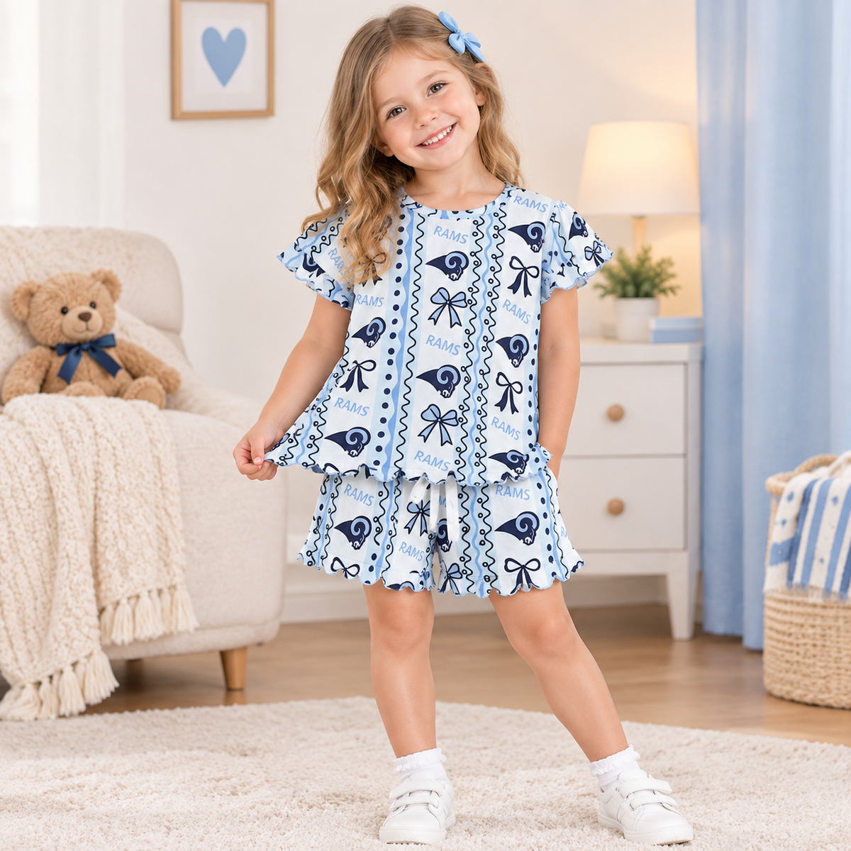 RTS NO MOQ GSSO3853 milk silk Baby Girls Rams Bows Stripe Top Short Team Scallop Clothes Sets
