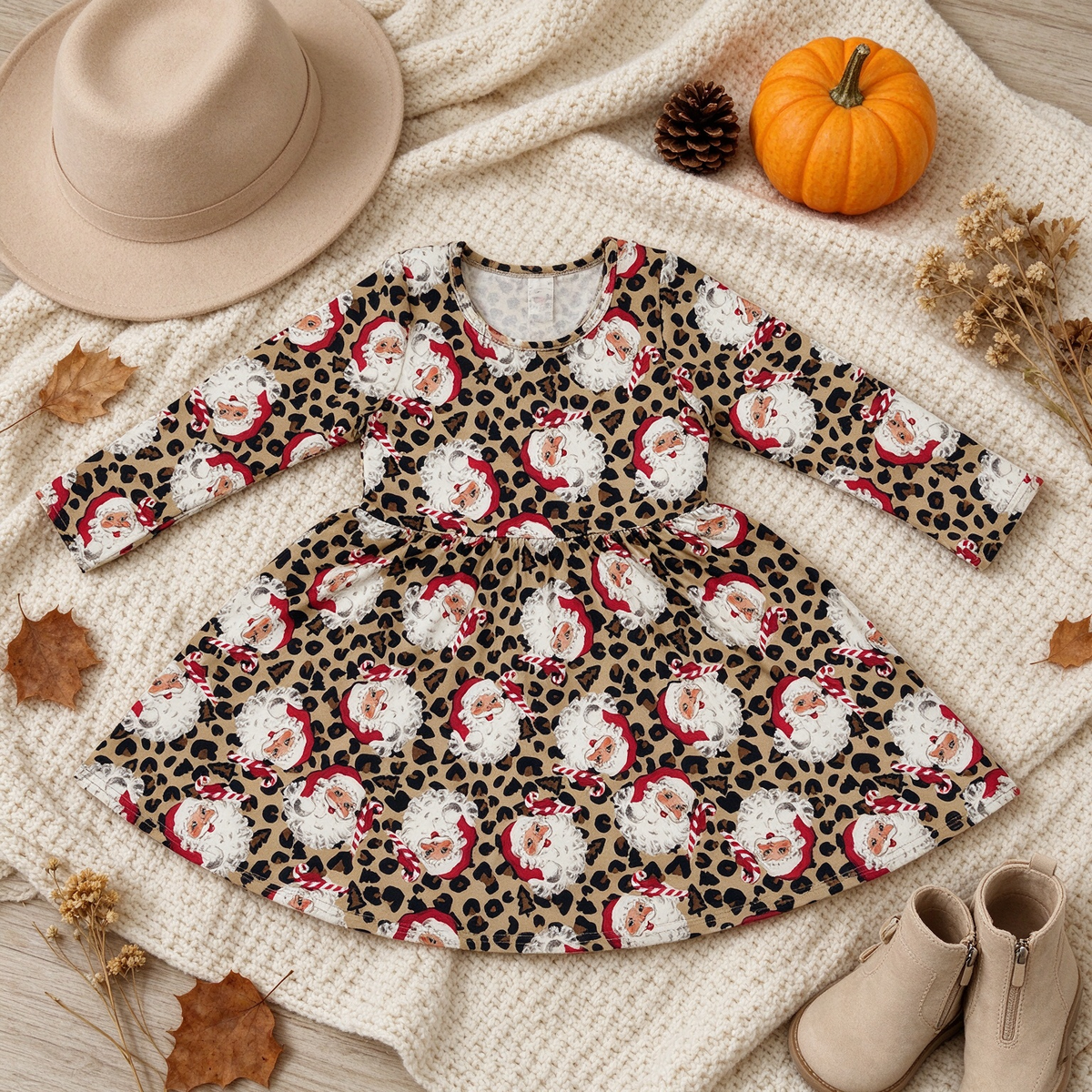 RTS NO MOQ （In stock）milk silk GLD1761 Baby Girls Long Sleeve Leopard Santa Christmas Knee Length Dress