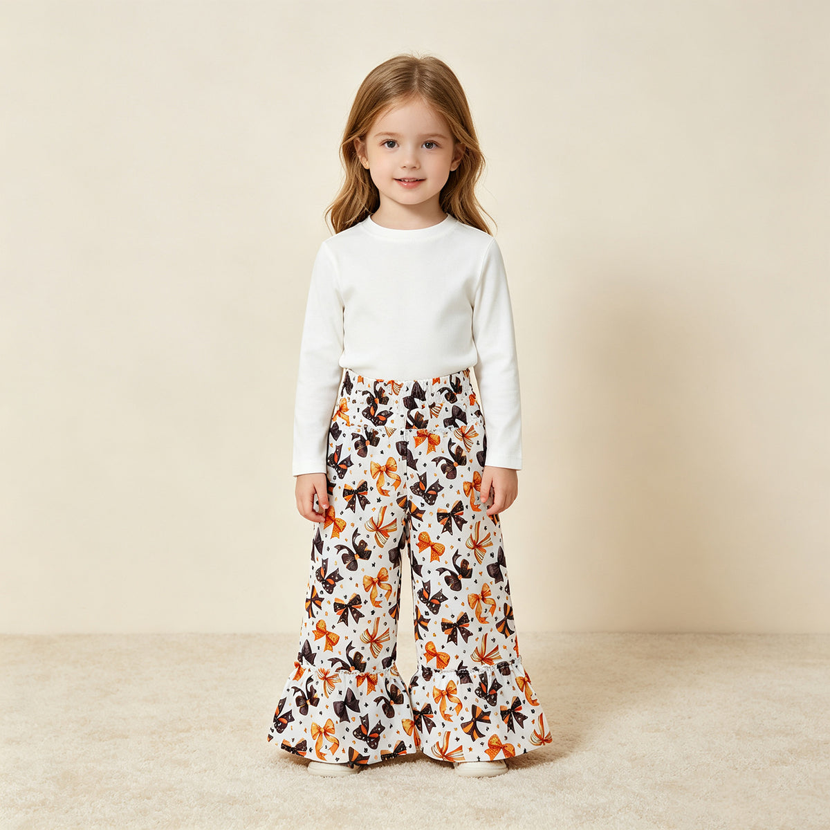 RTS NO MOQ （In stock） milk silk P1068 Baby Girls Black Orange Bows Stars Halloween Ruffle Flare Pants Bottom