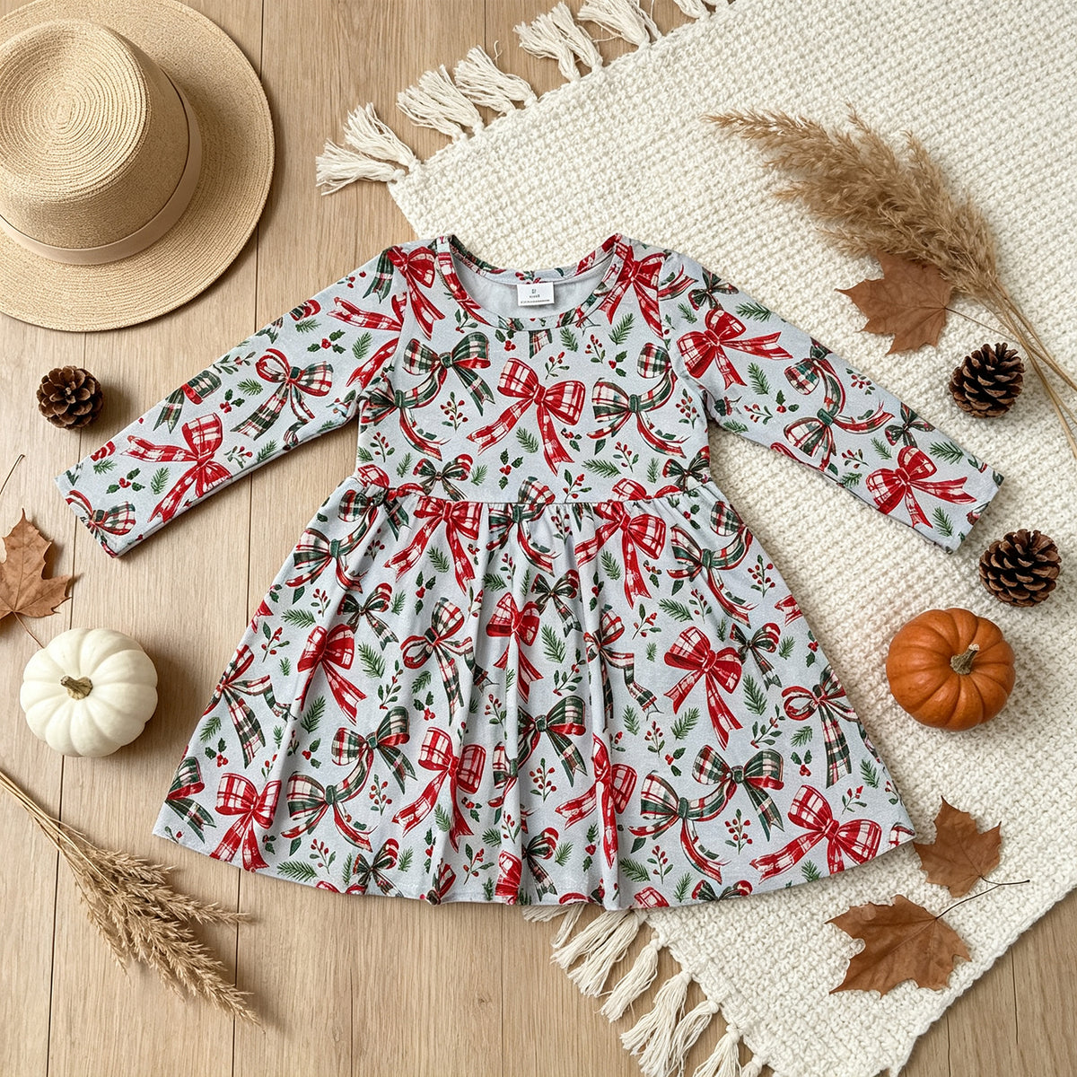 RTS NO MOQ （In stock）milk silk GLD1709 Baby Girls Green Red Checked Bows Flowers Christmas Knee Length Dress