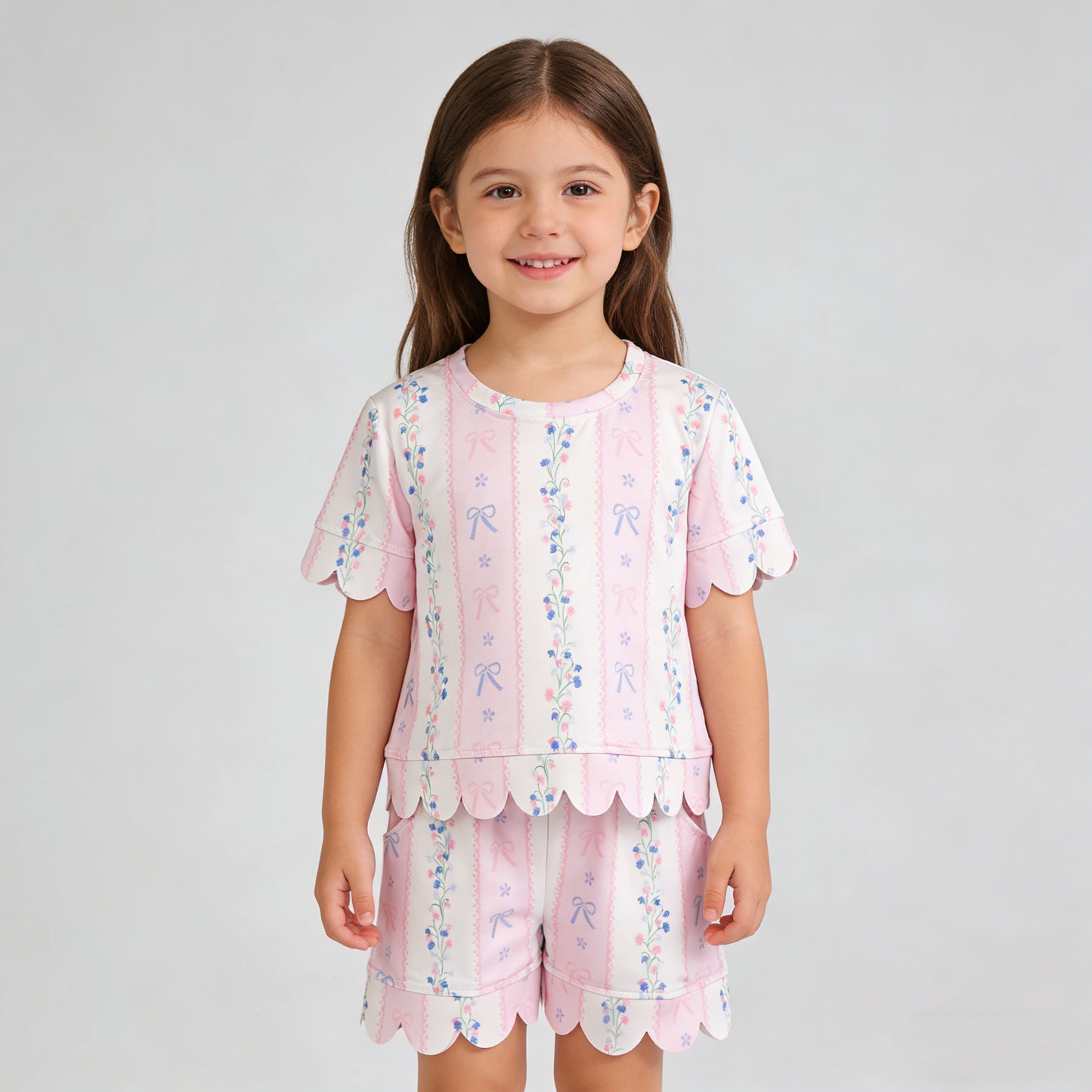 4.9 GSSO3410 RTS NO MOQ （In stock）Short sleeves pink bow floral scallop top shorts girls outfits