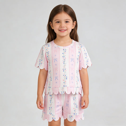 4.9 GSSO3410 RTS NO MOQ （In stock）Short sleeves pink bow floral scallop top shorts girls outfits