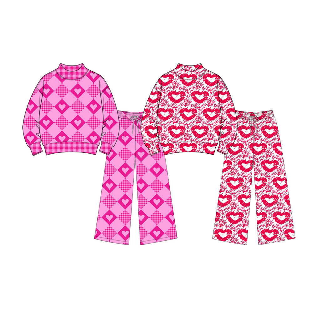(Preorder new) No moq High Neck Toddler Girls Valentines Day Heart Print Mock Neck Long Sleeve Top And Flare Pants Outfit