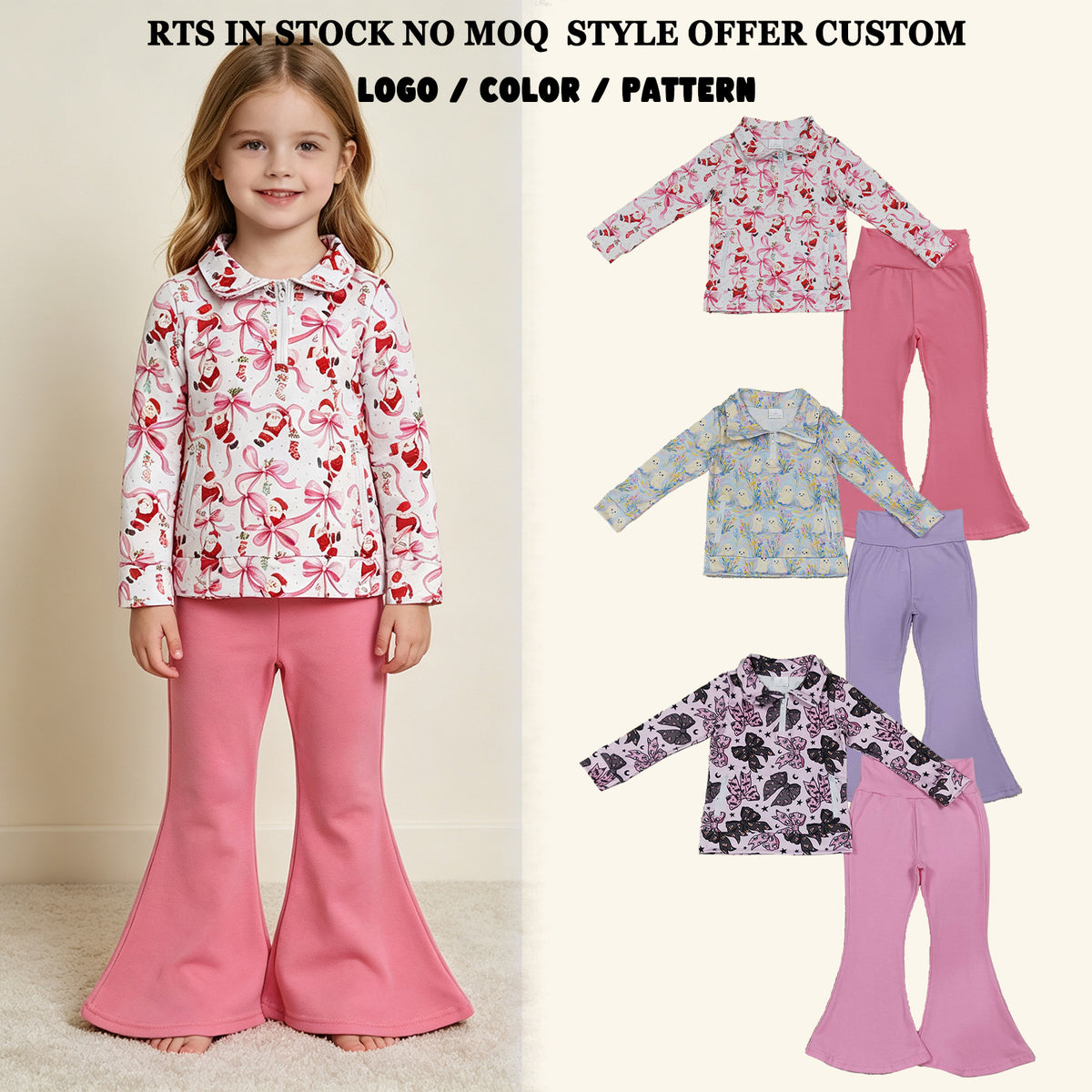 RTS NO MOQ Sibling Baby Girls Bows Ghosts Santa Zip Pullovers Bell Bottom Halloween Christmas Sets