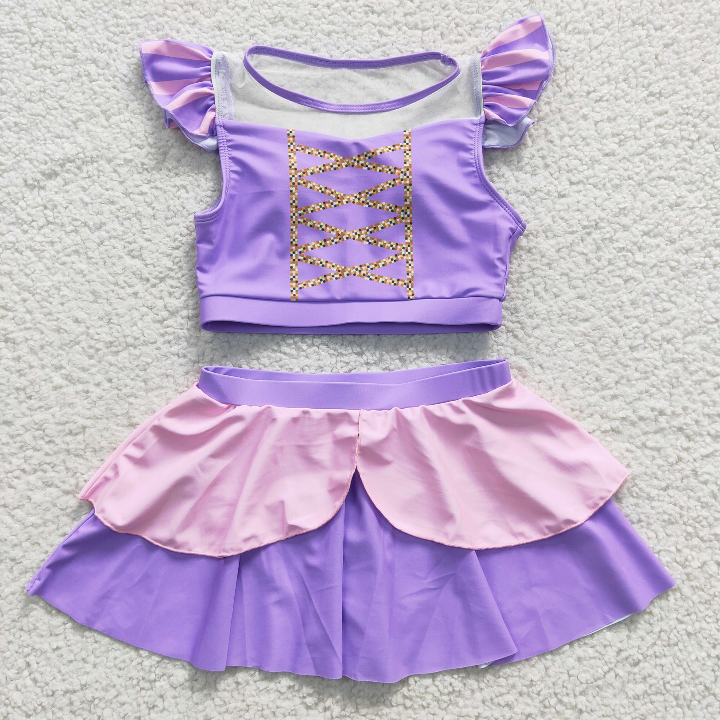 S0145 Disney Princess Purple Short Sleeve Skirt Swimsuit Set