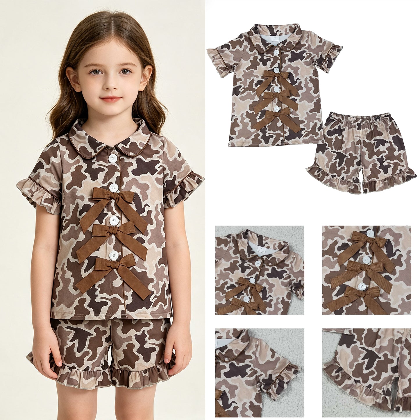 GSSO3368 RTS NO MOQ （In stock）milk silk  Baby Girls Southern Khaki Ducks Camo Bows Button Top Ruffle Shorts Hunting Pajamas Sets